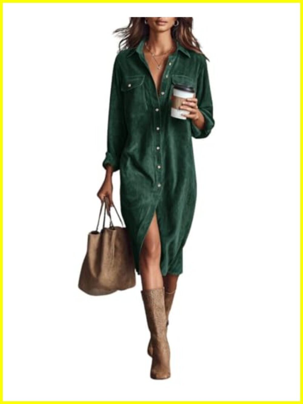 Women's Corduroy Button Down Shirt Dress A-Line Pleated Midi Shift Long Sleeve